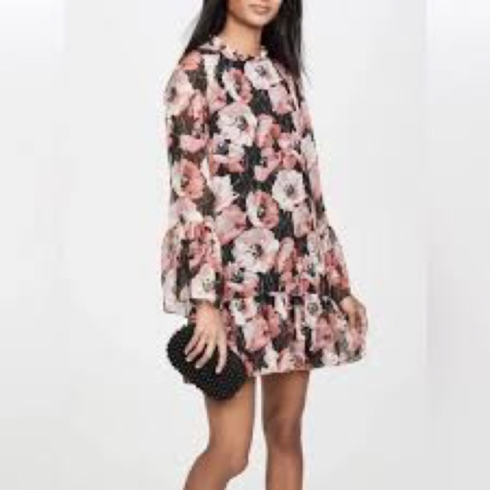 MISA Blythe Dress Black Pink Floral Print High Neckline Ruffle Cuffs & Hemline S